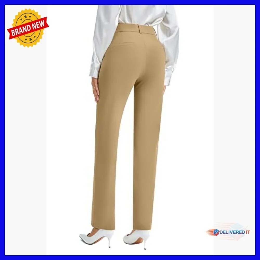 Stretchy Straight Leg Dress Pants High Waist Elastic Casual Slacks with Pockets